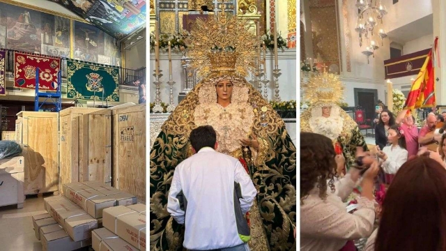 La Esperanza de Málaga emprende su viaje a Roma tras largas jornadas de embalaje, un besamanos y sones de verdiales