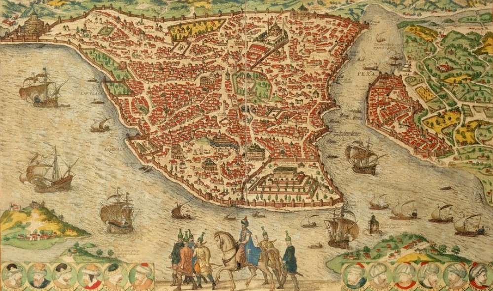 Vista de Constantinopla en un mapa de 1572.