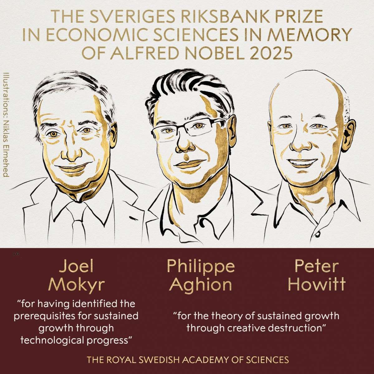Philippe Aghion, Joel Mokyr, y Peter Howitt ganan el Premio Nobel de Economía 2025